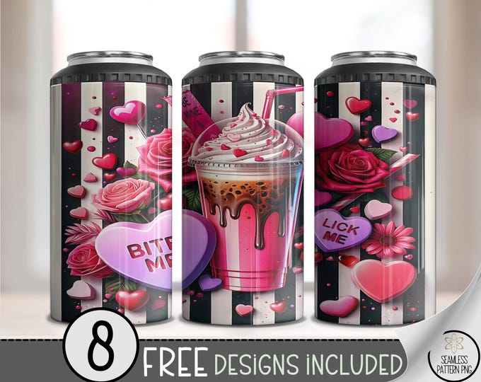 Valentine's Day 4in1 Can Cooler Wrap, Playful Gothic Sublimation Design, Adult Candy Hearts, 16 oz 4-in-1 File A653