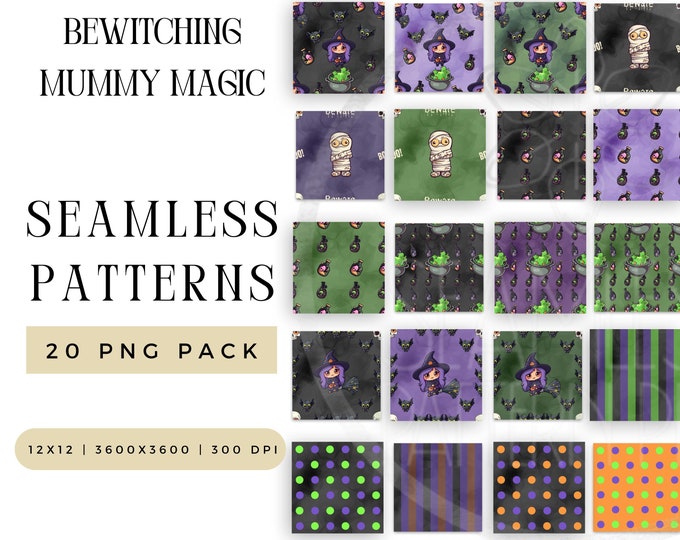 Bewitching Mummy Magic Seamless Pattern PNG Bundle, Witch Broom Bats Sublimation File, Potion Cauldon Repeating Pack, Commercial Use