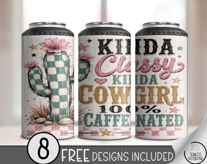 Western Cowgirl 4-in-1 Can Cooler Wrap, Retro Cactus Sublimation Design, Digital Download, B10394