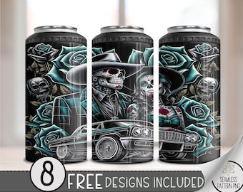 LA Chicano Girl Couple Cholo Couple 4in1 Can Cooler Wrap, Floral 4 in 1 Tumbler PNG, LA Sugar Skull 16 Oz Can Cooler Sublimation Design