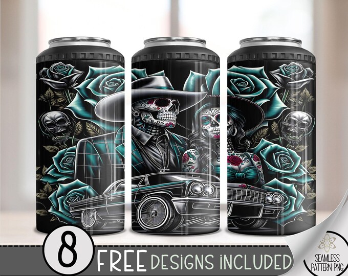 LA Chicano Girl Couple Cholo Couple 4in1 Can Cooler Wrap, Floral 4 in 1 Tumbler PNG, LA Sugar Skull 16 Oz Can Cooler Sublimation Design
