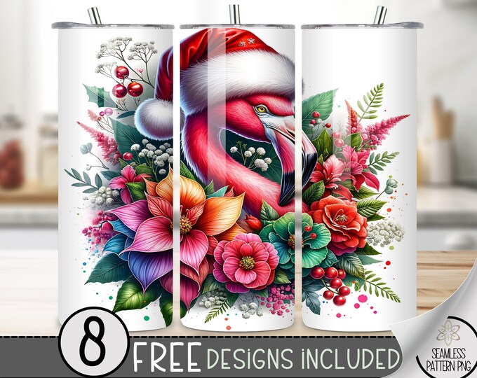 Flamingo Xmas Tumbler Wrap, Bird 20oz Skinny Tumbler Design, Christmas Bird 20 oz  Tumbler Wrap, Avian Floral Christmas Tumbler Design