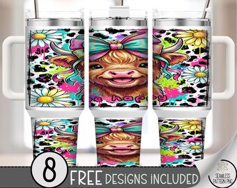 Happy Cow PNG, Cartoon Cow 40 Oz Tumbler Wrap, Highland Sublimation Design, B887