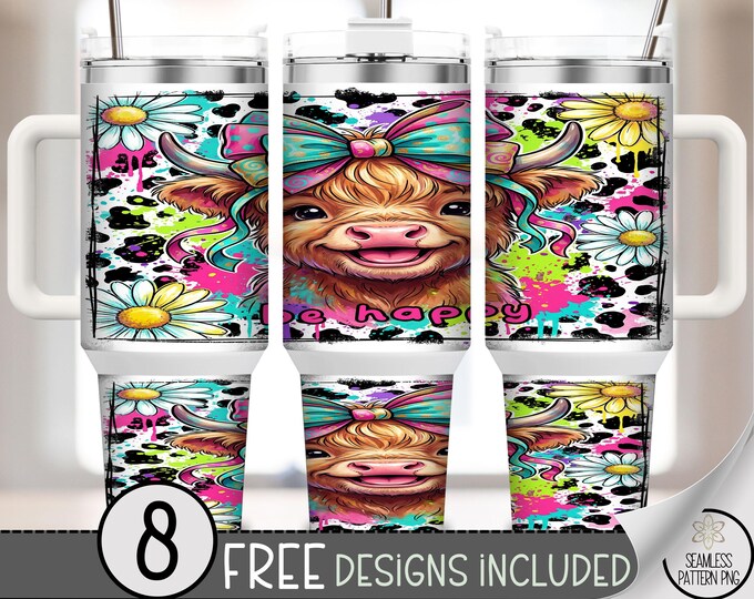 Happy Cow PNG, Cartoon Cow 40 Oz Tumbler Wrap, Highland Sublimation Design, B887