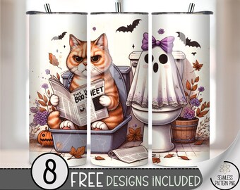 Halloween 20 oz Tumbler Wrap with Cute Cat & Ghost, Silly Boosheet, Fall File, Funny Halloween Printable, 20oz Design Download A432