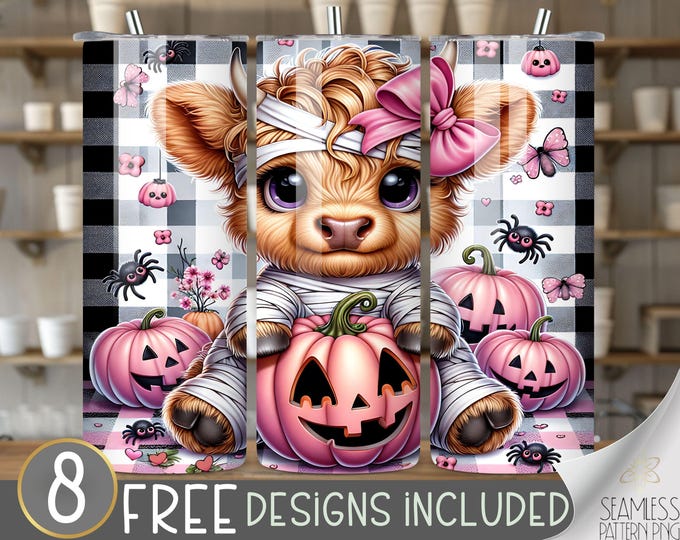 Mummy Highland Cow Tumbler Sublimation Design, Halloween Highland Cow Design, Pink Cow 20Oz Skinny Tumbler Wrap PNG, Instant Download