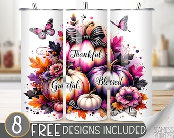 Thankful Grateful Blessed Tumbler Wrap, 20 oz Skinny Tumbler Sublimation Design, Pumpkins PNG, Thanksgiving Tumbler Wrap, Digital Download