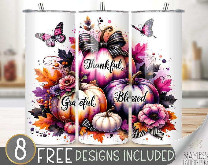 Thankful Grateful Blessed Tumbler Wrap, 20 oz Skinny Tumbler Sublimation Design, Pumpkins PNG, Thanksgiving Tumbler Wrap, Digital Download