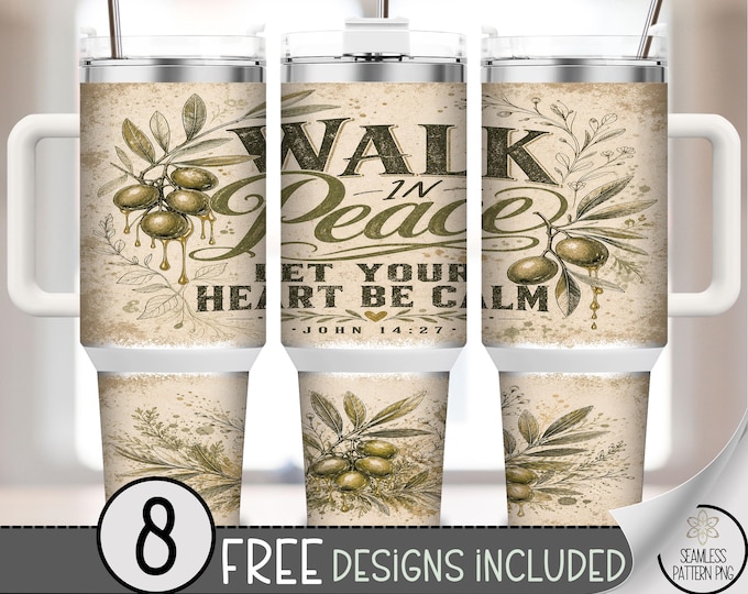 Walk in Peace 40 oz Tumbler Wrap, Botanical Sublimation Design, Calm Vintage PNG Files, B10290