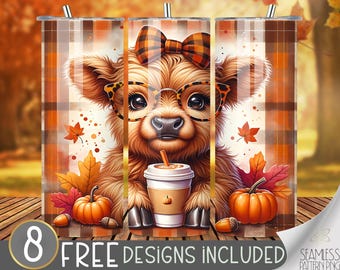 Cute Highland Cow Tumbler Wrap, Plaid 20 oz Tumbler Sublimation Designs, Cow Pumpkin Tumbler File, Autumn Highland Cow Tumbler Design