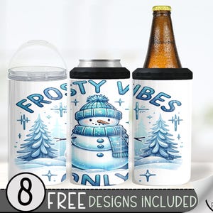 Snowman 4 In 1 Can Cooler Tumbler Wrap, Frosty Winter Sublimation Design, Frosty Vibes 16 Oz Slim, Snowy 16 Oz Can Cooler Sublimation Design