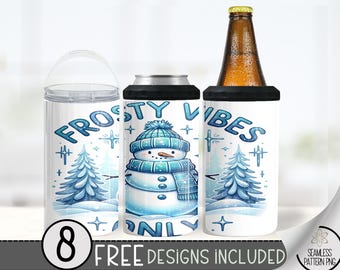 Snowman 4 In 1 Can Cooler Tumbler Wrap, Frosty Winter Sublimation Design, Frosty Vibes 16 Oz Slim, Snowy 16 Oz Can Cooler Sublimation Design