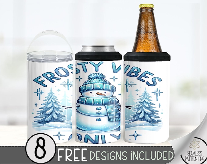Snowman 4 In 1 Can Cooler Tumbler Wrap, Frosty Winter Sublimation Design, Frosty Vibes 16 Oz Slim, Snowy 16 Oz Can Cooler Sublimation Design
