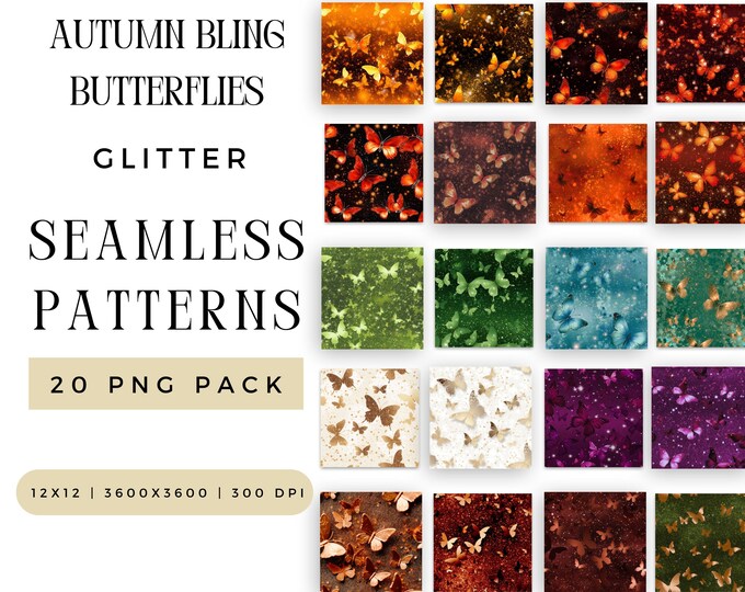 Digital Glitter Autumn Bling Butterflies Seamless Pattern PNG Bundle, Sublimation Journaling File, Teal Gold Repeating Pack, Commercial Use
