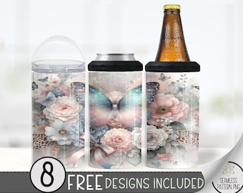 Boho Butterfly Floral 4in1 Can Cooler Wrap, Rose Flower 4 in 1 Tumbler PNG, Seamless Ethereal 16 Oz Can Cooler Sublimation Design, Sparkly