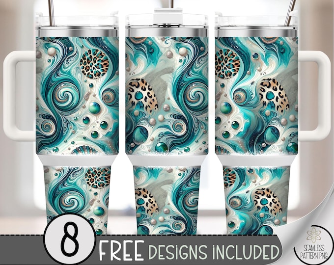 Tie Dye 40 oz Tumbler Wrap, Leopard Waves Sublimation Design, Bold Pattern PNG Files, Blue Teal Digital PNG, Printable Modern Design A572