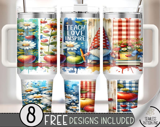 Teach Love Inspire 40 oz Tumbler Wrap PNG, Teacher Gnome Sublimation Design, Cute Back to School Cup Wrap for Teacher Appreciation, A215