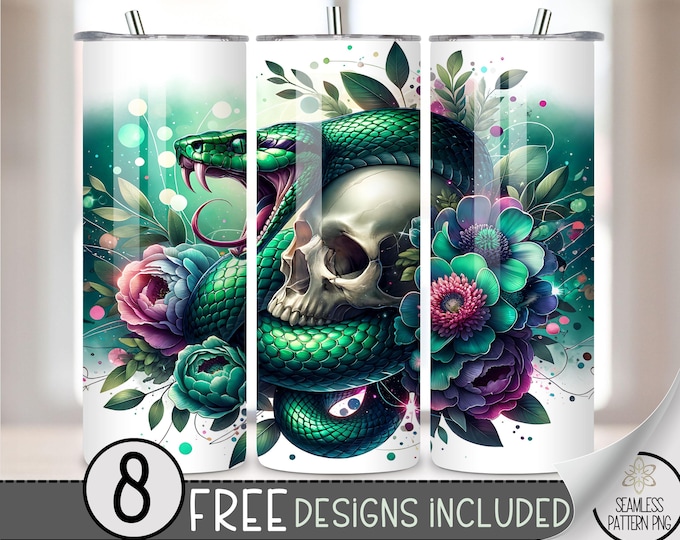 Gothic Skull Tumbler Wrap, Vibrant Flower 20oz Skinny Tumbler Sublimation Design, Snake Tumbler Wrap File, Floral Skull Striking Snake PNG