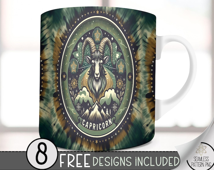 Capricorn 11Oz Mug Template, Coffee Mug Png, 11 Oz Mug Wrap, Zodiac Mug, Astrology Mug Sublimation Design, Seamless Zodiac Sign, Tie Dye Png