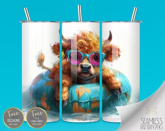Floating Highland Cow Tumbler Wrap, Pool Party 20 oz Straight Tumbler Sublimation Design, Funny Summer Tumbler PNG, Cute Cow Tumbler File