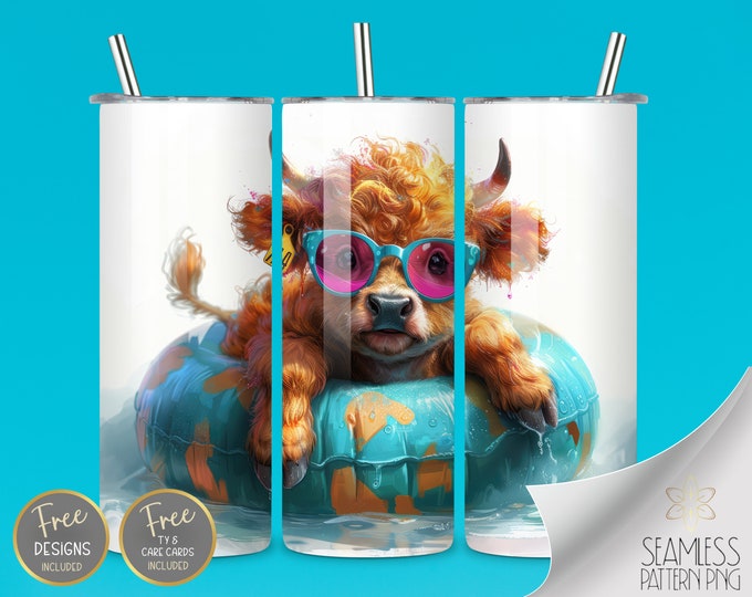 Floating Highland Cow Tumbler Wrap, Pool Party 20 oz Straight Tumbler Sublimation Design, Funny Summer Tumbler PNG, Cute Cow Tumbler File
