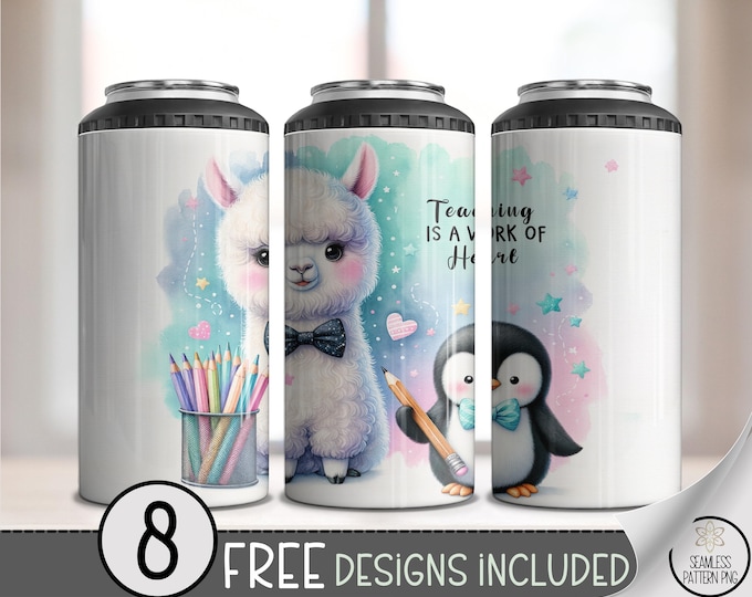 Teaching Is a Work of Heart PNG, Alpaca & Penguin 4 in 1 Can Cooler Sublimation Wrap,16oz 4in1 Cute Back to School Teacher Gift Design, A312