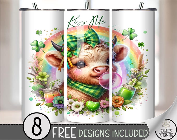 Lucky Cow 20 oz Tumbler Wrap PNG: Coquette Highland Heifer, Digital Download, Shamrock Design, Sublimation, A797