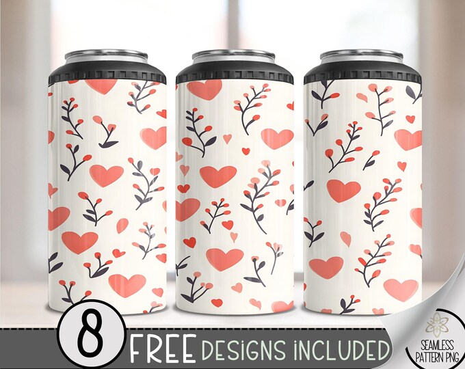 Seamless Valentine's Day 4 in 1 Can Cooler Wrap, Cute Heart 4in1 Tumbler PNG, Heart Pattern 16 Oz Can Cooler Sublimation Design, Vday Love