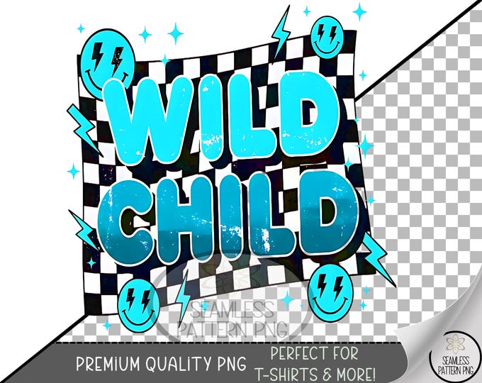 Wild Child Sublimation Design, Playful UV DTF Graphic, Retro 90s Edgy Streetwear Style, Bold Neon Cyan and Black A648