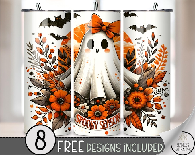 Spooky Halloween Ghost 20 oz Tumbler Wrap, Vintage Floral Design, Autumn Fall 20oz Sublimation Design, Cute Ghost PNG, A448