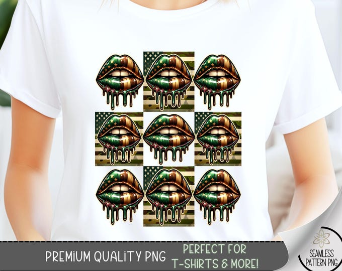 Camo Tongue T-Shirt Design, Preppy PNG Tshirt png, Trendy Camo Shirt Design,Dripping Camo Mouth Military Png,Checker Usa T-shirt Design A146