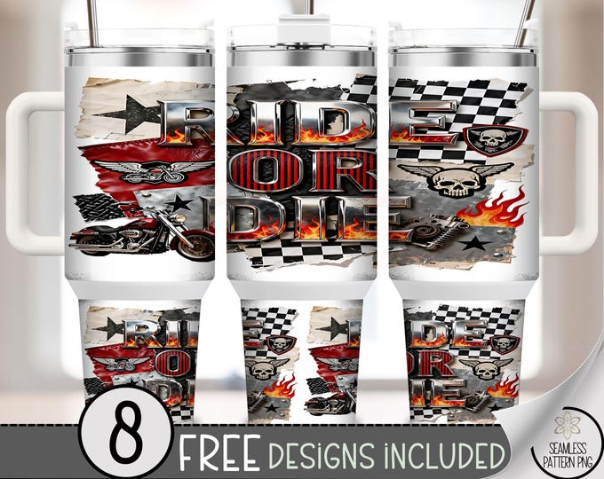 Ride Or Die Skull PNG 40 Oz Tumbler Wrap, Motorcycle Sublimation Design, Edgy Vintage Biker File, B835