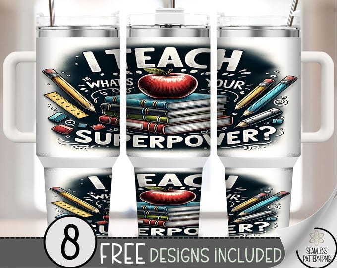 Teach Superpower 40 oz Tumbler Wrap, Superhero Teacher, Sublimation Design, Apple and Books Instant Digital Download, PNG, A840