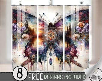 Dreamcatcher Butterfly Floral Tumbler Wrap, Flower Sunset Sublimation Design PNG, Ethereal 20Oz Skinny Tumbler File, Boho Lake Tumbler PNG