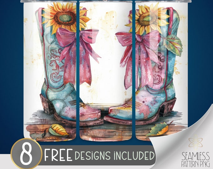 Croquette Bow & Sunflower PNG Tumbler Wrap, Western Cowboy Boots Seamless Design, Instant Download, 20 Oz Skinny Sublimation Tumbler Design