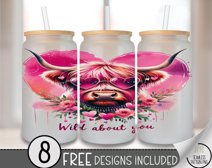 Highland Cow Valentine Glass Can Wrap PNG, Western Valentine Png, Valentine Heart Png, Wild About You, A677