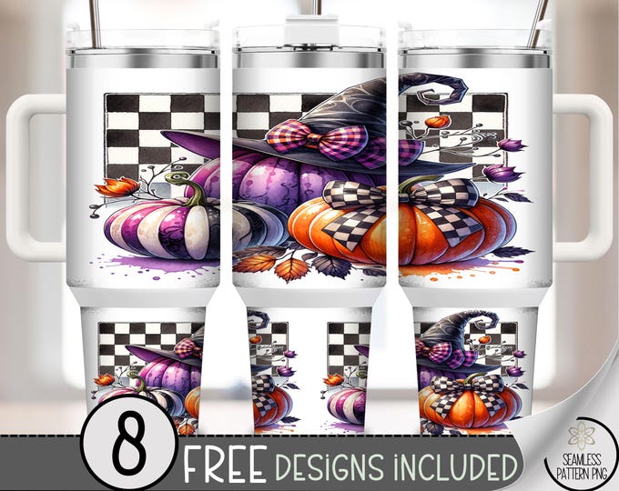 40 oz Pumpkin Tumbler Wrap PNG, Halloween Checkerboard Witch Hat Sublimation Design, Fall Plaid Bow Pumpkins PNG, A388
