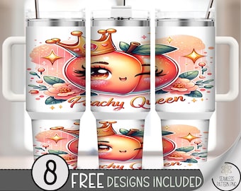 40oz Tumbler Wrap Peachy Queen, Cute Peach Crown PNG, Sparkly Kawaii Floral Design, Funny Girly Fruit Sublimation Wrap, A383