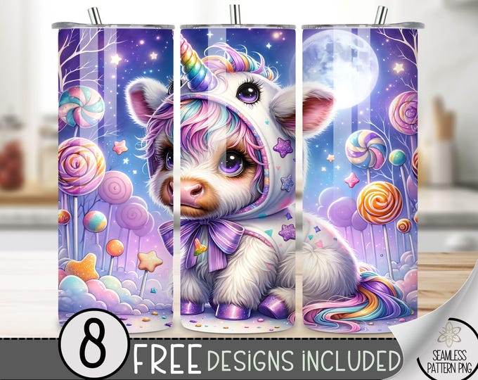 Unicorn Tumbler Wrap PNG, Rainbow Pretty Unicorn 20Oz Tumbler Wrap, Highland Cow 20 Oz Skinny Sublimation Tumbler Design Digital Download