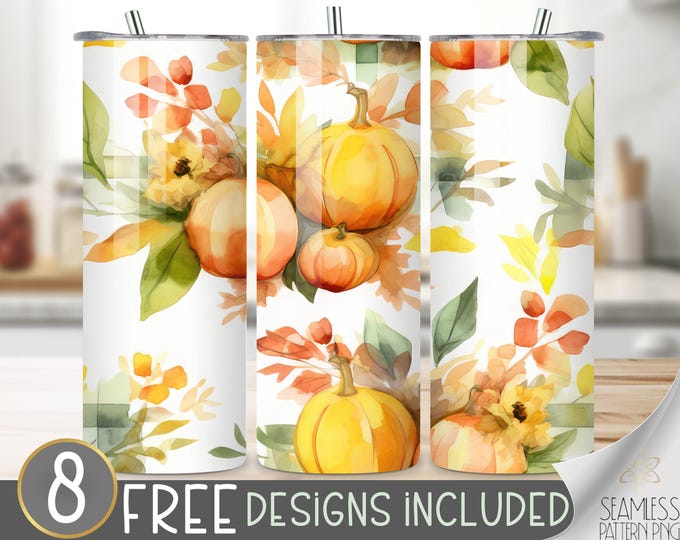 Autumn Floral Tumbler Wrap, Fall Pumpkin Seamless Design, Autumn Flower Sublimation Tumbler Design PNG, Watercolor 20 OZ Skinny Wrap PNG