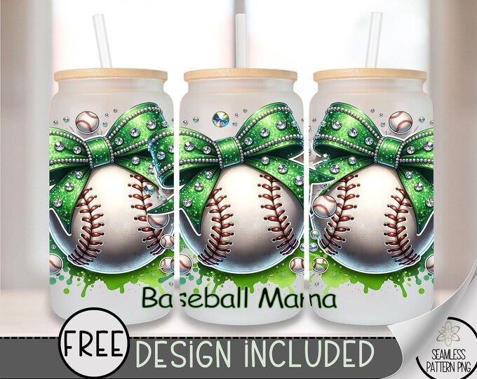 Coquette Baseball Glass Can, Sports Sublimation Design, Rhinestone Baseball 16oz Can Wrap, Trendy Baseball Mama Glass Can Design, A166