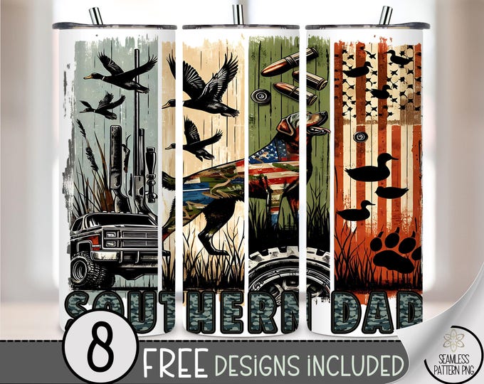 Southern Dad Hunting Tumbler Wrap PNG, Camo Duck Dog with Bullet & Rifle Sublimation Design, 20oz Patriotic Skinny Tumbler for Hunters A240