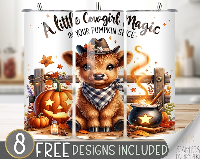 Cowgirl Magic Tumbler Wrap, Pumpkin Spice Highland Cow, Fall Halloween Design, Cute Coffee 20oz Sublimation PNG, Autumn Farm Animal Design