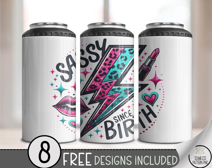 Sassy Since Birth 4-in-1 Can Cooler PNG, Lightning Bolt & Lipstick Sublimation Wrap, Glam Leopard Print Design, A344