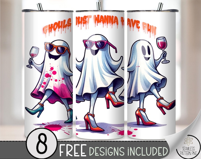 Spooky Ghosts 20oz Tumbler Wrap, Halloween Fun with Wine, Playful Ghost Design,  Printable 20 oz PNG, Ghoulish Humor File, A440