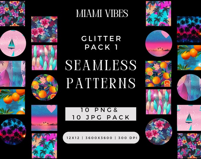 Digital Sparkly Miami Vibes Glitter Seamless Pattern PNG JPG Bundle, Best Sublimation File, 90s inspired Vice Repeating Pack Commercial Use,