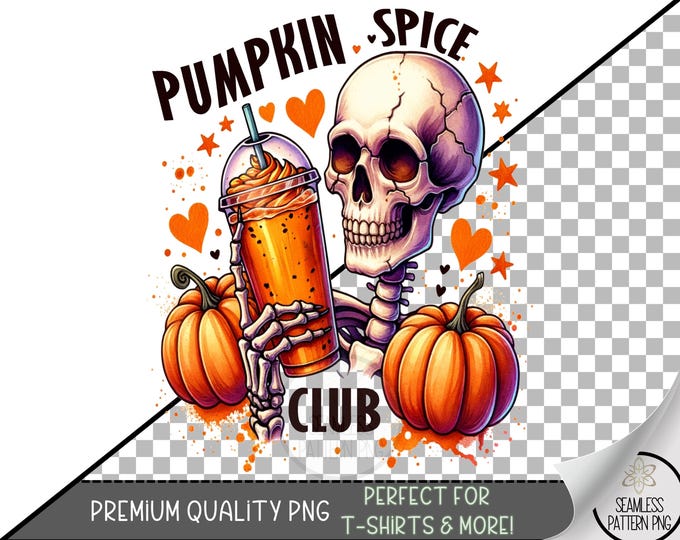 Pumpkin Spice Club Sublimation PNG, PSC Print, Skeleton Clipart, Iced Coffee PNG Design, Fall Pumpkin Halloween Sublimation Design, A358