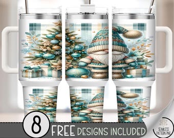 Xmas 40 oz tumbler wrap: Blue Gnome Christmas Sublimation Design, Cozy PNG Files, Digital Illustration with Tree, Ornaments, Gifts A533