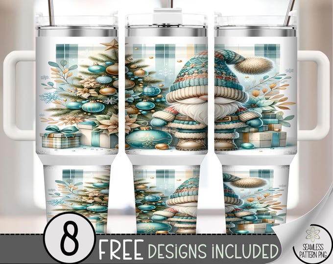Xmas 40 oz tumbler wrap: Blue Gnome Christmas Sublimation Design, Cozy PNG Files, Digital Illustration with Tree, Ornaments, Gifts A533