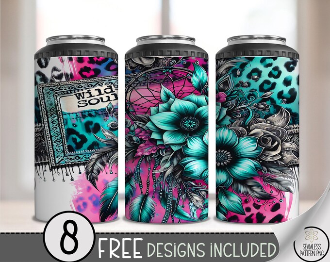 Dreamcatcher 4-in-1 Can Cooler Wrap PNG, Hot Pink Teal Leopard Floral Wrap, Boho Sublimation Design Wild Soul 16 oz Can Cooler File, A285